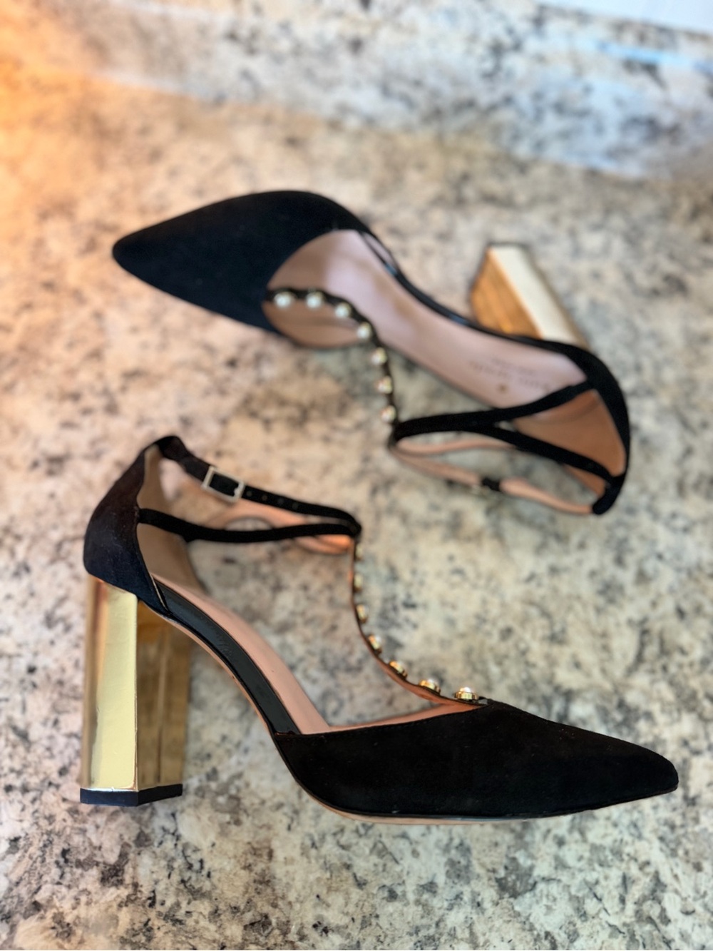 kate spade Black Suede T-Strap Block Heel Pumps with Gold Pearl Sexy Career - Picture 2 of 8